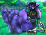  5_toes anthro barefoot bodily_fluids claws demon feet foot_fetish foot_focus forest forest_background generation_1_pokemon gengar hi_res humanoid_feet imp male nature nature_background nintendo plant plantigrade pokeball pokemon pokemon_(species) purple_body red_eyes saaxon soles solo sweat sweaty_feet toes tree 