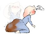 anthro blue_onesie blush blushing_profusely caressing_face clothing disembodied_hand duo ear_blush emanata excessive_feces eyebrows eyes_closed feces floppy_ears fur head_tuft hi_res hyper hyper_feces hyper_soiling kneeling lagomorph leporid male male_pooping mammal onesie pooping rabbit raised_eyebrows scatplay simple_background soiling soiling_clothing soiling_onesie tiosqr tuft white_background white_body white_fur wide_eyed