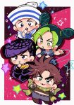  1girl 3boys :3 battle_tendency black_hair blue_eyes blush_stickers border braid braided_bun brown_hair chibi crop_top diamond_wa_kudakenai double_bun drop_shadow earrings fingerless_gloves gloves green_eyes green_hair green_lips hair_bun hat higashikata_josuke higashikata_josuke_(jojolion) highres jewelry jojo_no_kimyou_na_bouken jojolion joseph_joestar joseph_joestar_(young) kujo_jolyne missing_tooth motu705 multicolored_hair multiple_boys open_mouth outside_border pointing pompadour purple_eyes purple_hair sailor_collar sailor_hat scarf smile star_(symbol) stone_ocean striped_clothes striped_scarf tooth_gap white_border 