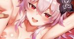  1boy 1girl bilingual_commentary black_flower blush breasts collarbone commentary_request cropped english_commentary evernight_(honkai:_star_rail) flower from_above hair_between_eyes hair_flower hair_ornament hairclip honkai:_star_rail honkai_(series) looking_at_viewer lying march_7th_(honkai:_star_rail) medium_breasts medium_hair mixed-language_commentary nipples on_back open_mouth paid_reward_available parallel_hairclips partial_commentary pink_hair red_eyes smile sweat takashia_(akimototakashia) 