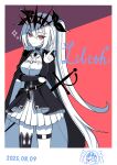  1girl absurdres alternate_costume arm_under_breasts ascot belt black_belt black_cape black_choker black_dress black_hairband black_thighhighs border cape character_name chest_guard chibi chibi_inset choker closed_mouth commentary crown dated dogari dress elbow_pads english_commentary groin hair_between_eyes hair_ribbon hairband hand_up highres index_finger_raised lilith_(the_noexistencen_of_you_and_me) long_hair looking_at_viewer mixed-language_commentary polaroid_photo rapier red_background red_eyes ribbon single_thighhigh smile solo standing star_(symbol) sword the_noexistencen_of_you_and_me thigh_strap thighhighs thighs twintails very_long_hair weapon white_ascot white_border white_hair 