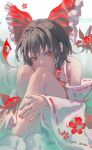  1girl absurdres black_hair bow closed_mouth detached_sleeves fish flower frilled_bow frills goldfish hair_bow hair_tubes hakurei_reimu highres hugging_own_legs k4ja0002 knees_up long_sleeves looking_at_viewer medium_hair nail_polish red_bow red_eyes red_flower red_nails red_shirt sailor_collar shirt sidelocks sleeveless sleeveless_shirt solo touhou white_sailor_collar 