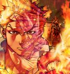  2girls 5boys absurdres armor claws clenched_hand closed_mouth edaki_shin&#039;ya fighting_stance fire forked_eyebrows full_armor game_cg glasses highres holding holding_sword holding_weapon ichimonji_batsu imawano_hyou justice_gakuen kagami_kyousuke kirishima_kurou looking_at_viewer male_focus moero!_justice_gakuen multiple_boys multiple_girls non-web_source official_art open_mouth orange_hair projected_inset roy_bromwell scar scar_on_face scar_on_forehead spiked_hair standing sword taiyou_gakuen_uniform tiffany_lords upper_body veins veiny_hands wakaba_hinata weapon 