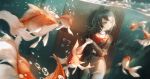  1girl 7hertz air_bubble artist_name bang_dream! bang_dream!_it&#039;s_mygo!!!!! belt_collar black_hair brown_jacket bubble chinese_commentary collar commentary_request cowboy_shot dutch_angle fish goldfish highres indoors jacket looking_to_the_side medium_hair open_clothes open_jacket pencil_skirt red_tube_top skirt solo strapless tube_top underwater yahata_umiri 