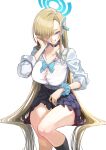  :d absurdres asuna_(blue_archive) black_choker black_skirt black_socks blonde_hair blue_archive blue_eyes blue_ribbon blush breasts button_gap choker cleavage collared_shirt dress_shirt eudetenis hair_over_one_eye hair_ribbon halo highres holding_another&#039;s_wrist kneehighs large_breasts long_hair long_sleeves looking_at_viewer miniskirt parted_lips pleated_skirt ribbon school_uniform shirt sitting skirt smile socks very_long_hair white_shirt 