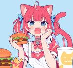  1girl ahoge akami_karubi animal_ears apron blue_background blue_eyes blush bow bowtie burger cat_ears cat_girl cat_tail choker crazy_raccoon dress drink drinking_straw eating fangs food french_fries hair_ribbon hand_on_own_cheek hand_on_own_face heart heart_choker holding holding_burger holding_food kerinaharaini multicolored_hair open_mouth red_bow red_bowtie red_dress red_hair ribbon short_sleeves simple_background solo streaked_hair tail twintails two-tone_hair upper_body virtual_youtuber white_hair 