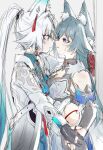  2girls animal_ear_fluff animal_ears bare_shoulders black_gloves blue_eyes blue_hair blush breasts chinese_commentary commentary_request cowboy_shot eye_contact face-to-face feixiao_(honkai:_star_rail) fox_ears fox_girl fud gloves grey_background grey_hair highres holding_hands honkai:_star_rail honkai_(series) long_hair looking_at_another medium_breasts multicolored_hair multiple_girls parted_lips partially_fingerless_gloves pink_eyes ponytail profile simple_background sketch standing streaked_hair sweatdrop white_hair yukong_(honkai:_star_rail) yuri 