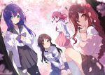  4girls absurdres ahoge arms_behind_back beret black_pantyhose black_skirt blue_bow blue_eyes blue_ribbon blue_skirt blurry blurry_background blurry_foreground blush bow bowtie braid brown_eyes brown_hair cardigan cherry_blossoms closed_mouth commentary_request dutch_angle falling_petals gakuen_idolmaster green_eyes hair_between_eyes hair_bow hanami_saki hands_on_lap hat highres holding holding_petal idolmaster idolmaster_cinderella_girls idolmaster_million_live! idolmaster_shiny_colors in-franchise_crossover long_hair long_sleeves looking_at_viewer mochizuki_anna multiple_girls neck_ribbon open_cardigan open_clothes osaki_amana outdoors pantyhose petals pink_skirt pleated_skirt purple_bow purple_hair red_hair reikakrzk ribbon sailor_collar school_uniform serafuku shirt sitting skirt smile socks standing swept_bangs tachibana_arisu tree wariza white_hat white_shirt white_socks yellow_eyes yokozuwari 
