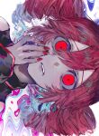  1girl absurdres bare_shoulders censored close-up commentary drill_hair hair_between_eyes hand_on_own_face hand_up highres kasane_teto looking_at_viewer mosaic_censoring nail_polish nept_o parted_lips portrait red_eyes red_hair red_nails sidelocks sideways solo utau 