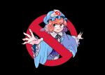  1girl black_background blue_headwear blue_nails closed_mouth ghostbusters hat highres long_sleeves looking_to_the_side mc0o5 mob_cap no_symbol parody pink_eyes pink_hair saigyouji_yuyuko short_hair simple_background smile solo touhou triangular_headpiece wide_sleeves 