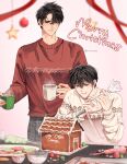  2boys :d ahoge black_hair bowl christmas_tree_ornament commentary cookie cup decorating_baked_goods english_commentary english_text expressionless food gingerbread_house grin gumdrop_(candy) highres holding holding_cup holding_pastry_bag hot_chocolate icing kim_dokja looking_at_another male_focus marshmallow merry_christmas multiple_boys narrowed_eyes omniscient_reader&#039;s_viewpoint pants pastry_bag plaid_clothes plaid_pants print_sweater red_sweater rorynans short_hair sitting smile sprinkles star_(symbol) streamers sweater white_sweater yoo_joonghyuk 