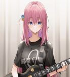  1girl bangs blue_eyes blurry blurry_background blush bocchi_the_rock! breasts closed_mouth clothes_writing cube_hair_ornament curtains eyelashes gotou_hitori guitar hair_between_eyes hair_ornament highres holding holding_instrument instrument kanaria_hisagi long_hair looking_at_viewer one_side_up pink_hair shirt short_sleeves smile solo straight_hair sweat very_long_hair watch white_shirt wristwatch 