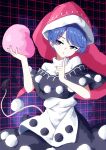  1girl absurdres black_capelet black_dress blob blue_eyes blue_hair breasts capelet commentary doremy_sweet dream_soul dress hat highres looking_at_viewer multicolored_dress nightcap pioartstuff pom_pom_(clothes) red_hat short_hair solo tail tapir_tail touhou white_dress 