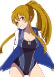  1girl :d absurdres black_one-piece_swimsuit blue_eyes blue_jacket blue_one-piece_swimsuit blush breasts brown_hair cleavage collarbone commentary_request competition_swimsuit contrapposto cowboy_shot double-parted_bangs floating_hair grin hair_between_eyes high_ponytail highres idolmaster idolmaster_million_live! idolmaster_million_live!_theater_days jacket kousaka_umi large_breasts long_hair long_sleeves looking_at_viewer multicolored_jacket niwatorimushi one-piece_swimsuit open_clothes open_jacket open_mouth ponytail ponytail_with_braided_base sidelocks sideways_glance simple_background smile solo standing striped_clothes striped_one-piece_swimsuit swimsuit swimsuit_under_clothes turning_head two-tone_jacket two-tone_one-piece_swimsuit vertical-striped_clothes vertical-striped_one-piece_swimsuit white_background white_jacket 