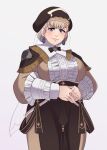  1girl absurdres black_hat blue_eyes breasts brown_dress brown_hair commentary cowboy_shot curvy deebyfeeby dress earrings fire_emblem fire_emblem:_three_houses frills hat highres jewelry large_breasts mercedes_von_martritz short_hair solo 