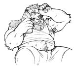 2025 anthro armpit_hair belly belly_peeking_out beverage black_and_white bodily_fluids body_hair bottle bottomwear canid canine clothing container digital_media_(artwork) eyewear facial_hair glasses hair hi_res mako_(pkvibyn) male mammal monochrome nipple_slip nipples nonbinary_(lore) overweight overweight_male pkvibyn raccoon_dog shirt shorts sketch solo sweat sweaty_body tank_top tanuki tongue tongue_out topwear