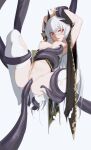  1girl armpits arms_up breasts cleavage dragon_girl dragon_horns fate/grand_order fate_(series) horns kiyohime_(fate) long_hair medium_breasts multiple_horns newflame nipples red_eyes restrained solo suspension tentacles thighhighs torn_clothes torn_thighhighs vaginal white_hair white_thighhighs 