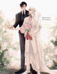  2boys black_coat black_hair black_necktie black_vest bouquet bridal_veil coat collared_shirt commentary english_commentary flower full_body gift_art highres holding holding_bouquet holding_hands looking_at_another multiple_boys neck_ribbon necktie original peony_(flower) pink_flower ribbon rorynans shirt short_hair standing suit tuxedo veil veil_lift vest wedding white_coat white_shirt white_suit white_vest yaoi 