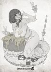  1girl bee blush breasts bug cleavage copyright_name full_body greyscale honey kingdom_death kneeling large_breasts licking_lips loincloth lokman_lam medium_hair monochrome one_eye_closed solo tongue tongue_out web_address white_background worm 