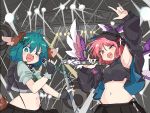  2girls animal_ears armpits black_gloves black_hat black_jacket black_panties black_shirt black_skirt black_vest blue_jacket breasts brown_thighhighs choujuu_gigaku concert crop_top dog_ears dog_tail electric_guitar fingerless_gloves gibson_flying_v gloves green_eyes green_hair green_shirt guitar hair_ornament hat highres holding holding_microphone instrument jacket kasodani_kyouko long_sleeves microphone midriff mob_cap multiple_girls music mystia_lorelei navel one_eye_closed open_clothes open_jacket open_mouth panties pink_eyes pink_hair pink_wings puffy_short_sleeves puffy_sleeves sharp_teeth shirt short_hair short_sleeves singing skirt skull_hair_ornament sleeveless sleeveless_shirt small_breasts stomach tail tatutaniyuuto teeth thighhighs tongue tongue_out touhou turtleneck underwear upper_body v-shaped_eyebrows vest winged_hat wings zipper_pull_tab 