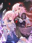  2girls :d armpit_crease bare_shoulders black_background black_dress black_gloves breasts choker closed_mouth coat collared_dress cowboy_shot detached_sleeves dress dual_persona evernight_(honkai:_star_rail) fingernails gloves gou_lianlian_dogface hair_between_eyes hair_ornament hand_on_another&#039;s_cheek hand_on_another&#039;s_face highres honkai:_star_rail honkai_(series) index_finger_raised layered_dress long_hair long_sleeves looking_at_viewer march_7th_(honkai:_star_rail) medium_breasts multiple_girls open_clothes open_coat open_mouth pink_hair purple_choker red_eyes red_petals sleeping sleeveless sleeveless_dress sleeves_rolled_up small_breasts smile spaghetti_strap standing white_dress white_sleeves 