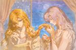  2girls absurdres bare_arms bare_shoulders blonde_hair blue_eyes clipboard curtains dolphin earrings face_down hand_up hands_up highres holding holding_another&#039;s_hair holding_paintbrush indoors jewelry long_braid long_hair looking_at_another looking_to_the_side luori_dianxin multiple_girls night night_sky ocean paintbrush purple_eyes reverse:1999 scales shirt sky smelling smelling_hair smile stud_earrings tank_top upper_body vila_(reverse:1999) white_hair white_shirt white_tank_top window windsong_(reverse:1999) 