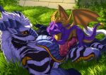 2025 activision black_sclera claws countershade_torso countershading dragon duo erection feral feral_on_feral finger_claws fur genitals grass hi_res horn hybrid jackrow knot knotted_penis larger_feral larger_male lying lying_on_another male male/male membrane_(anatomy) membranous_wings mythological_creature mythological_scalie mythology on_back on_front penis plant purple_body purple_eyes purple_scales quadruped scales scalie semi-anthro shaded size_difference smaller_feral smaller_male snout spyro spyro_the_dragon striped_body striped_fur stripes tail toe_claws wairu watermark white_body white_fur wings yellow_body yellow_eyes yellow_scales