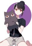 1girl @_@ absurdres animal_ears bare_legs barefoot black_hair black_shirt chihara_mai commentary_request grey_shorts hair_bun highres holding holding_stuffed_toy jirai_nan_desu_ka?_chihara-san looking_at_viewer midriff_peek parted_lips purple_background red_eyes ringed_eyes ryon_(ryonhei) second-party_source shirt short_sleeves shorts single_hair_bun sitting solo stuffed_animal stuffed_cat stuffed_toy t-shirt two-tone_background wariza white_background 