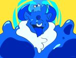 2022 2_horns abstract_background absurd_res anthro artist_name blue_body blue_ears blue_fur blue_horn blue_slime bovid bovine bow_ribbon bright_colors bust_portrait cattle color_contrast demon digital_drawing_(artwork) digital_media_(artwork) facial_piercing fur goo_creature goto_(melaisen) happy hi_res horn male male_anthro mammal melaisen neck_tuft nose_piercing nose_ring open_mouth open_smile piercing portrait ring_piercing simple_background smile solo text tongue tongue_out tuft yellow_background