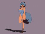  2022 anthro bashful black_body black_fur black_hair blue_body blue_eyes blue_fur blue_hair blue_overalls brand_new_animal breasts brown_body brown_fur canid canine cleavage clothed clothing dracojeff exposure_variation female fluffy fluffy_tail fur grey_background hair hands_behind_back leg_markings mammal markings michiru_kagemori multicolored_body multicolored_fur multicolored_hair nipple_outline on_one_leg open_mouth overalls raccoon_dog simple_background socks_(marking) solo standing studio_trigger tail tanuki two_tone_hair 