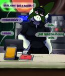 anthro big_breasts black_bottomwear black_clothing black_pants black_shirt black_topwear bottomwear breasts cashier clothing computer desk electronics female furniture generation_9_pokemon hi_res mcdonald&#039;s meowscarada microvoltz nintendo pants paws pokemon pokemon_(species) shirt solo table topwear