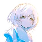  1girl backlighting bangs blue_eyes blue_shirt chromatic_aberration closed_mouth highres irodori_warabi light_blush lineart looking_at_viewer medium_hair original partially_colored portrait shirt simple_background solo white_background white_hair 