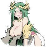  1girl absurdres blush breasts circlet cleavage commentary_request dress grabbing_another&#039;s_breast green_eyes green_hair groping highres kid_icarus kid_icarus_uprising large_breasts leaning_forward long_hair looking_at_viewer neck_ribbon open_mouth palutena ribbon side_slit simple_background sketch solo_focus sweat teeth upper_teeth_only white-stew white_background white_dress 