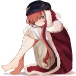  1girl arms_on_knees barefoot black_hat blue_eyes cape from_side full_body fur-trimmed_cape fur_trim hair_over_one_eye hat highres knees_to_chest long_hair looking_at_viewer newsboy_cap one_eye_covered pants red_cape red_hair reverse:1999 shirt sitting solo tari_(tari_333) white_background white_pants white_shirt yenisei_(reverse:1999) 