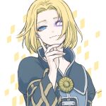  1boy blonde_hair blue_eyes commentary_request eald&#039;narche final_fantasy final_fantasy_xi hand_on_own_chin highres looking_at_viewer male_focus mismatched_irises no_eyepatch portrait saku_ff11 short_hair smile solo two-tone_background white_background 