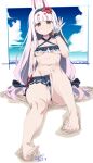  1girl absurdres animal_ears azur_lane barefoot bikini breasts commentary_request feet flower highres long_hair rabbit_ears rabbit_girl shimakaze_(azur_lane) shimakaze_(the_island_wind_rests)_(azur_lane) sitting small_breasts solo swimsuit toenails toes umyonge_(lkakeu) white_hair 