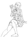  1girl bleach bow bowtie breasts cake collared_shirt food foot_out_of_frame holding holding_cake holding_food inoue_orihime kubo_tite_(style) large_breasts long_hair looking_at_viewer no_shoes open_mouth parted_bangs pleated_skirt rakusakugk school_uniform shirt sitting sketch skirt solo thighhighs white_background 