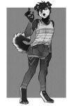  absurd_res anthro azuza border bottomwear canid canine canis closed_smile clothed clothing domestic_dog female fingerpads floppy_ears front_view full-length_portrait glistening glistening_eyes greyscale hair hi_res hotpants leg_markings looking_at_viewer mammal markings messy_hair monochrome mouth_closed narrowed_eyes pattern_clothing pattern_topwear pawpads portrait short_hair shorts signature simple_background solo standing topwear 