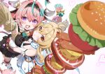  2girls aqua_hair artist_name bare_shoulders black_skirt blonde_hair blue_dress breast_press breasts burger cheese cleavage cow_girl cow_horns detached_sleeves dress flower food genshin_impact hair_flower hair_ornament hairband heart heart-shaped_pupils horns hug kitahara_tomoe_(kitahara_koubou) long_hair lumine_(genshin_impact) multicolored_hair multiple_girls off-shoulder_dress off_shoulder open_mouth orange_eyes pink_hair purple_eyes sausage short_hair signature skirt streaked_hair symbol-shaped_pupils too_much_burger too_much_food two-tone_hair vambraces varesa_(genshin_impact) white_flower yellow_sleeves 