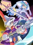  1boy 1girl android armor biometal bodysuit brother_and_sister crotch_plate fang fins forehead_jewel gloves green_hair helmet holding holding_scythe holding_staff holding_weapon long_hair looking_at_viewer mega_man_(series) mega_man_zx model_w_(mega_man) open_mouth orange_blossoms(megaman) pandora_(mega_man) power_armor prometheus_(mega_man) purple_armor purple_helmet red_eyes robot_ears scythe siblings skull-shaped_hat staff teeth twitter_username two-tone_background upper_teeth_only weapon white_armor white_gloves white_helmet 