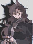  1girl adjusting_ring animal_ears arknights black_jacket black_nails blazer brown-framed_eyewear brown_hair chinese_commentary chromatic_aberration closed_mouth commentary_request drop_shadow earrings fingernails glasses grey_background hair_behind_ear hair_between_eyes highres hl_(iamawhitehippo) jacket jewelry lapels long_hair long_sleeves looking_at_viewer mole mole_above_eye nail_polish penance_(arknights) ring semi-rimless_eyewear solo under-rim_eyewear upper_body yellow_eyes 