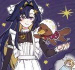  2girls @_@ animalization apron black_dress black_hairband blanket blonde_hair blue_background blue_eyes blue_hair closed_eyes closed_mouth colored_inner_hair dreaming dress flying_sweatdrops frilled_apron frills hair_intakes hair_ornament hairband hand_up ioi_33333 juliet_sleeves kiperina long_hair long_sleeves looking_at_viewer multicolored_hair multiple_girls pillow platypus puffy_sleeves reverse:1999 school_uniform sleeping smile soviet_school_uniform speech_bubble star_(symbol) star_hair_ornament thought_bubble very_long_hair voyager_(reverse:1999) white_apron 