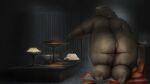  anthro bear big_butt brown_body brown_fur butt cake chubby_anthro chubby_cheeks chubby_female dessert eating eating_food female food fur hi_res hungry kneeling looking_at_viewer looking_back looking_back_at_viewer mammal meanybeany nude on_ground overweight overweight_female pawpads presenting presenting_hindquarters size_difference solo thick_thighs wide_hips 