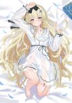  1girl alternate_costume arm_up barefoot bed_sheet black_bow blonde_hair book bow bow_hairband closed_mouth commentary_request dress from_above hair_bow hair_ornament hair_spread_out hairband highres knees_up kuramoto_beta-carotene long_hair looking_at_viewer lying on_back on_bed phoebe_(wuthering_waves) purple_eyes sheet_grab smile solo tacet_mark_(wuthering_waves) very_long_hair white_dress wuthering_waves x_hair_ornament 