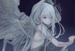  1girl angel_wings blue_eyes commentary crying crying_with_eyes_open english_commentary feathered_wings from_side highres hood hood_up long_hair looking_at_viewer miyotastic parted_lips project_sekai solo tears topless_female very_long_hair white_hair white_hood white_wings wings yoisaki_kanade 