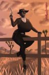 absurd_res accipitrid accipitriform anthro avian bathory_black_(therealnarrowjungle) belt belt_buckle big_breasts bird black_body black_fur black_hair black_lips boots bottomwear bovid breasts brown_clothing brown_jacket brown_topwear buckle buckteeth button_(fastener) caprine cheek_tuft clearvision clothed clothing cloud collared_shirt cowboy_boots cowboy_outfit detailed_background dress_shirt duster_coat eagle eyebrows eyelashes eyeliner facial_hair facial_tuft female fence fencepost fingers footwear fur goat goatee grass gun hair handgun hi_res hill holding_object holding_ranged_weapon holding_weapon holster hoof_shoes hooved_fingers hooves horn huge_breasts jacket knife knife_sheath lips looking_at_viewer makeup mammal ocular_prosthetic pants pinup pistol plant pose prosthetic raised_arm ranged_weapon red_eyes revolver shirt shoes short_hair signature sitting_on_fence sitting_on_object sky smile smiling_at_viewer solo sunset teeth teeth_showing topwear tree tuft vest weapon white_clothing white_shirt white_topwear