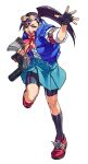  1girl :d armband black_gloves blue_skirt blue_vest bow brown_eyes camera down_vest edaki_shin&#039;ya eyewear_on_head fingerless_gloves game_cg gloves half-closed_eyes hand_up hibiki_ran highres holding holding_camera holding_newspaper justice_gakuen knee_up kneehighs leggings_under_skirt moero!_justice_gakuen newspaper non-web_source official_art open_clothes open_vest outstretched_hand pink_bow ponytail red_shoes running shoes simple_background skirt sleeves_rolled_up smile sneakers socks solo sunglasses vest white_background 