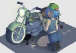  1girl blue_hair blue_shorts blue_tank_top can cup flat_cap green_hat hair_bobbles hair_ornament hat highres holding holding_wrench kawashiro_nitori looking_at_viewer looking_back minstrel_art motor_oil motor_vehicle motorcycle screw short_hair shorts smile solo tank_top tea teacup thick_thighs thighs touhou two_side_up wrench 