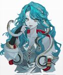  1girl :d bare_shoulders blue_hair dress finger_to_mouth green_eyes hand_up highres hissabeth jacket long_hair looking_at_viewer off-shoulder_jacket off_shoulder open_mouth red_pupils reverse:1999 silver_dress sleeveless sleeveless_dress smile snake snake_on_head solo upper_body white_background white_jacket yurionrimy 