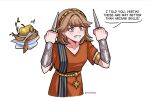  1girl apple apple_(reverse:1999) assassin&#039;s_creed_(series) brown_hair clenched_hands food fruit golden_apple grin haihaiera hairband hidden_blade_(assassin&#039;s_creed) meme monocle official_alternate_costume orange_eyes orange_tunic regulus_(reverse:1999) reverse:1999 short_hair short_sleeves smile solo speech_bubble teeth tunic upper_body vambraces white_background yellow_hairband 